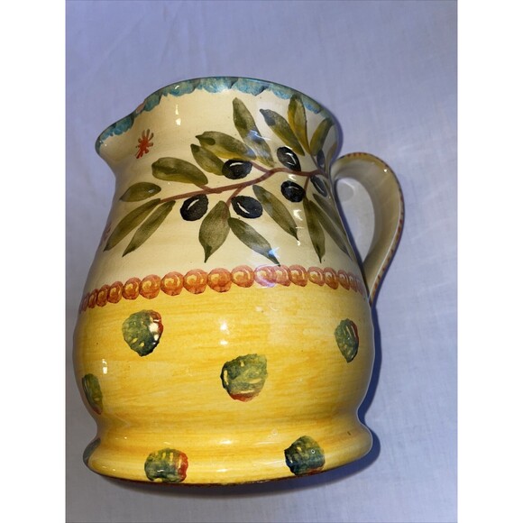Italica ARS Pottery Pitcher 7” Tall 5” Wide Yellow Beige Olive Branch Handle - Picture 4 of 12